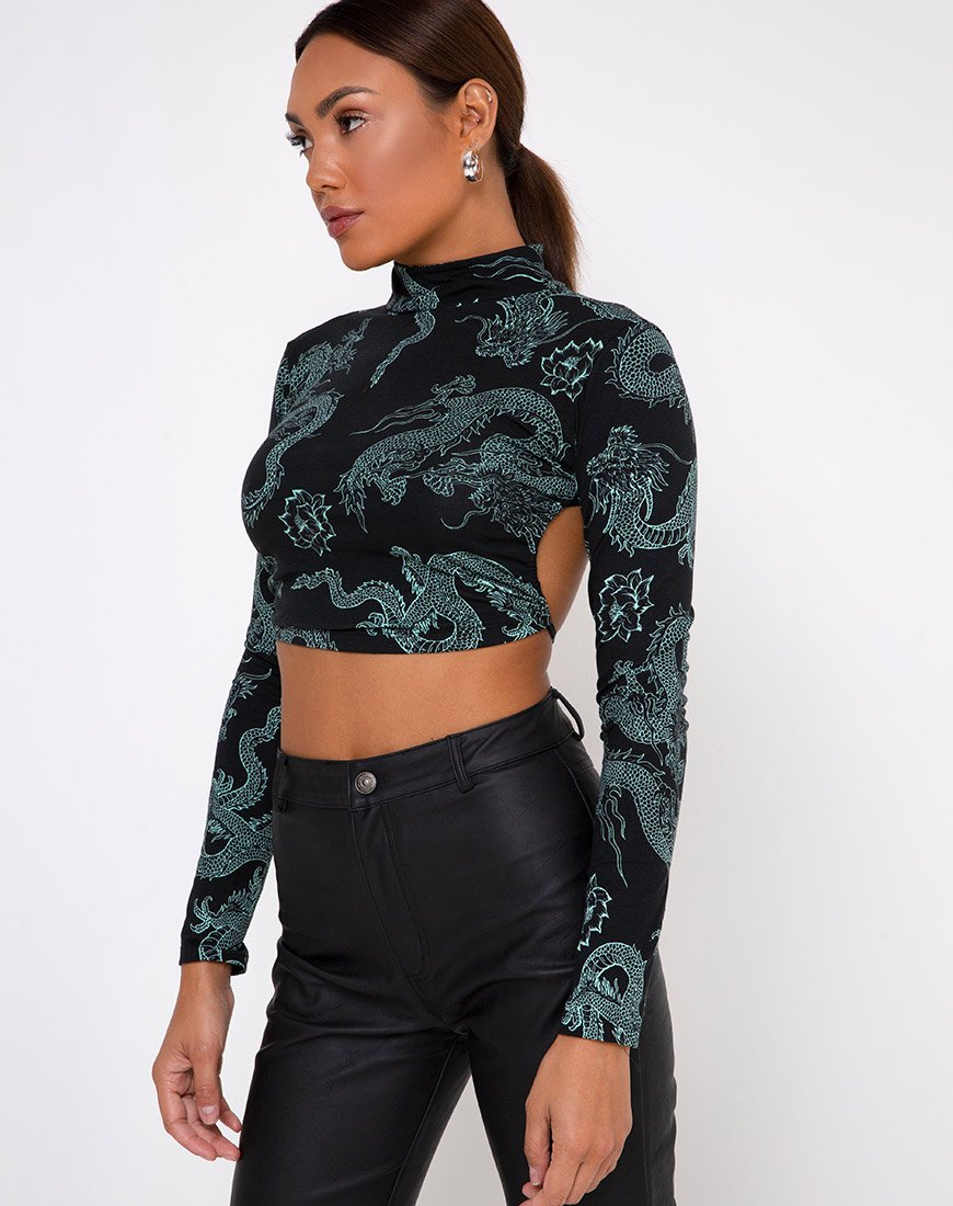 Afbeelding van Quelia Top in Dragon Flower Zwart en Mint