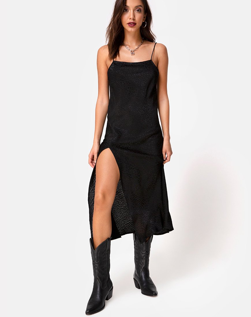 Quinty Midi Dress in Satijn Cheetah Zwart