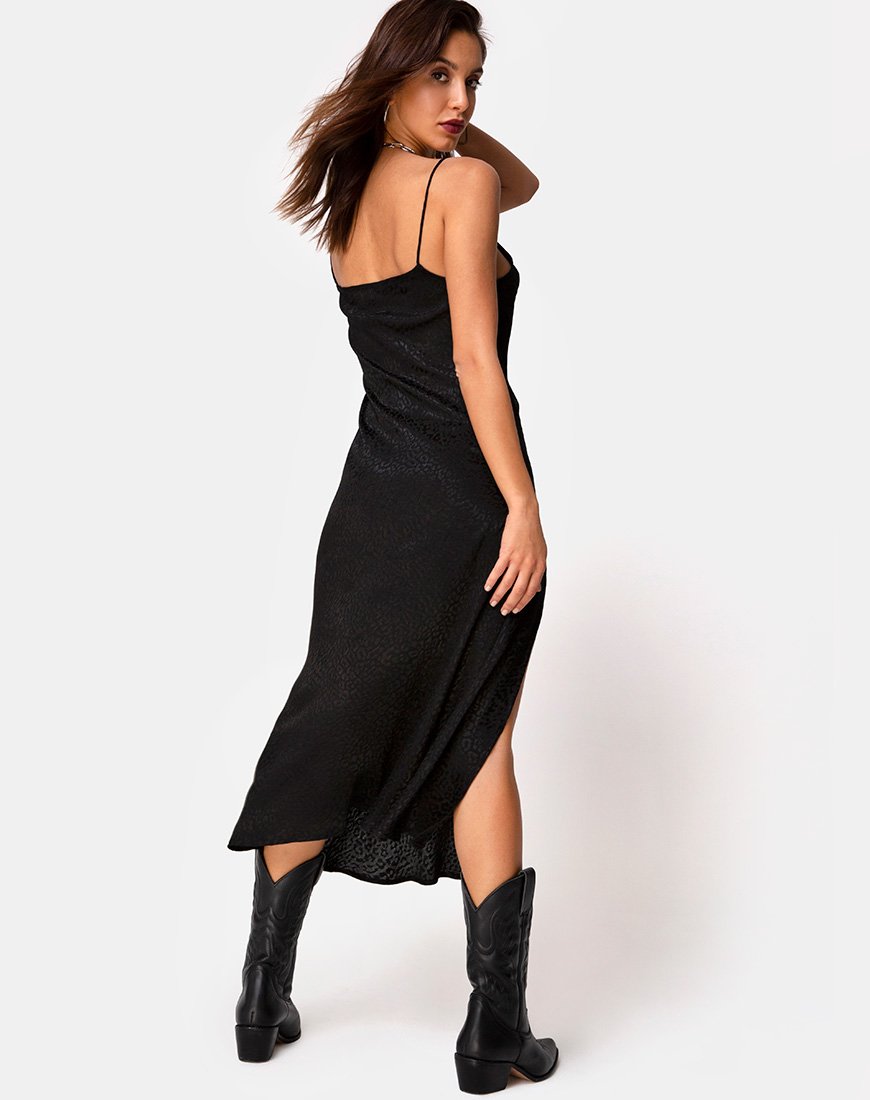Quinty Midi Dress in Satijn Cheetah Zwart