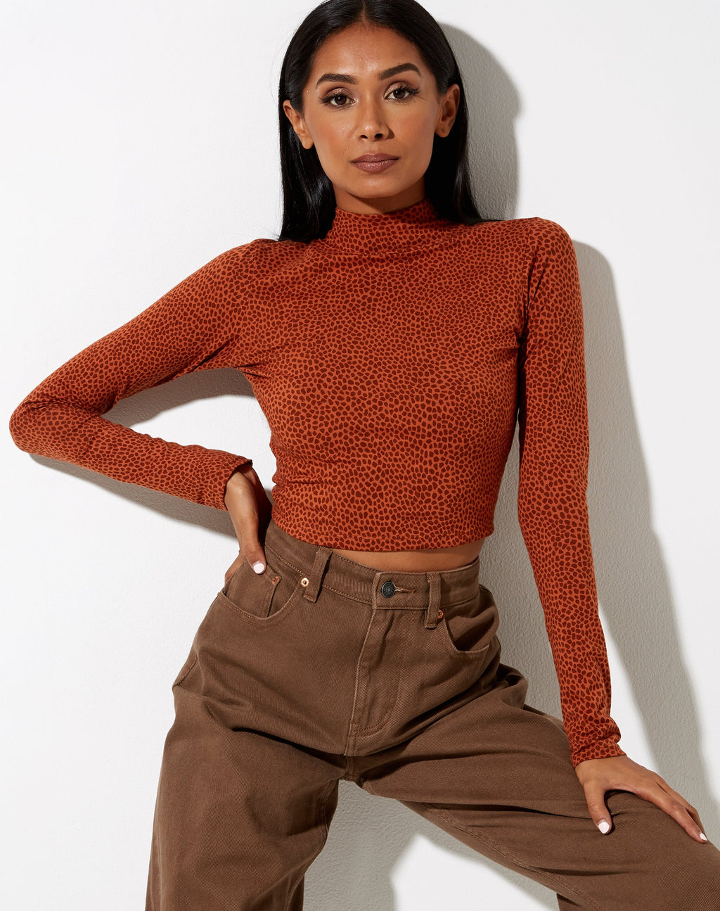 Quky Gewatteerde Top in Mini Croc Bruin