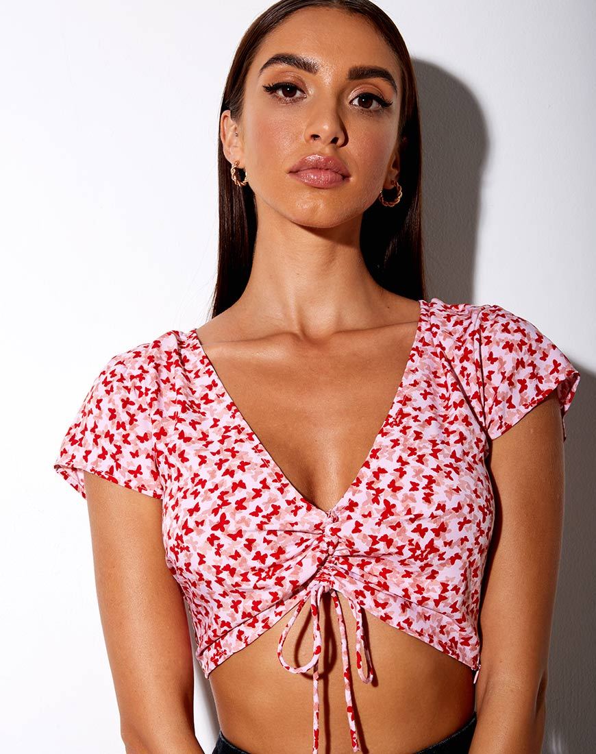 Afbeelding van Raeto Crop Top in Ditsy Butterfly Perzik en Rood