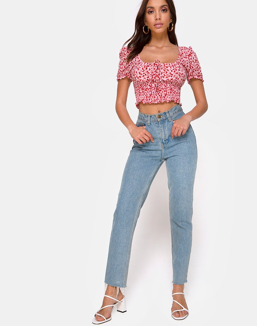 Afbeelding van Raquel Crop Top in Ditsy Butterfly Perzik en Rood