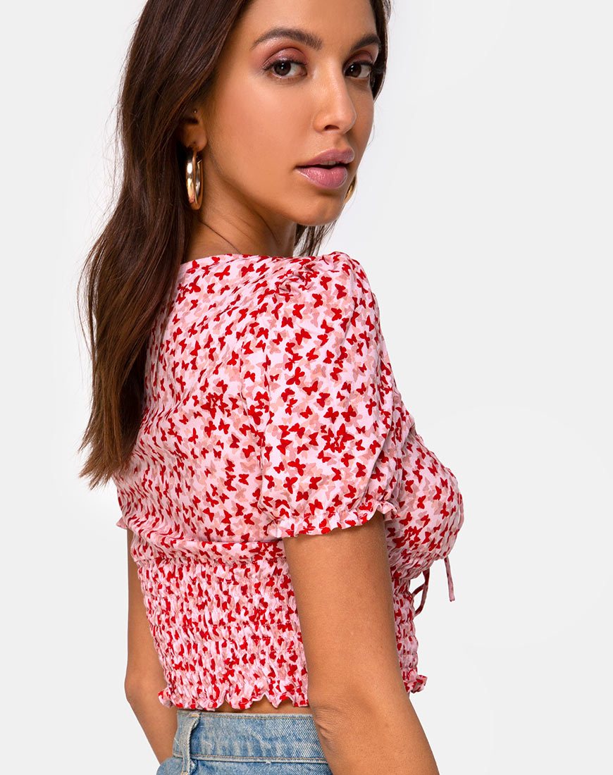 Afbeelding van Raquel Crop Top in Ditsy Butterfly Perzik en Rood