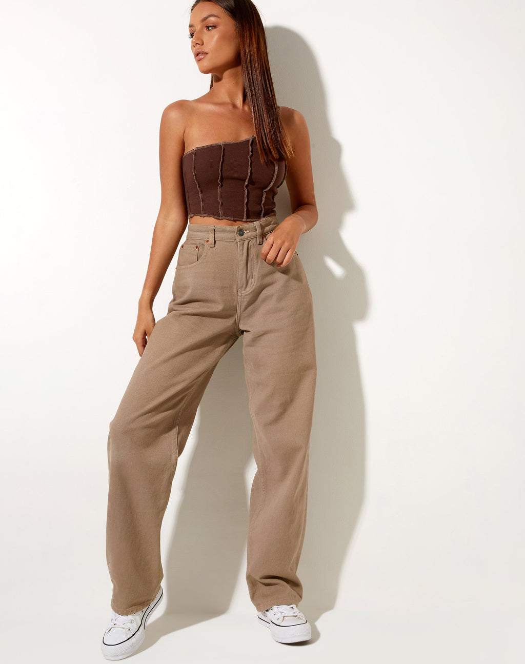 Rara Crop Top in Rib Diep Mahonie met Bruin Stiksel
