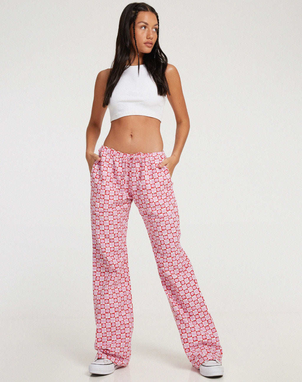 Raya broek met wijde pijpen in Apple Check Blush Red