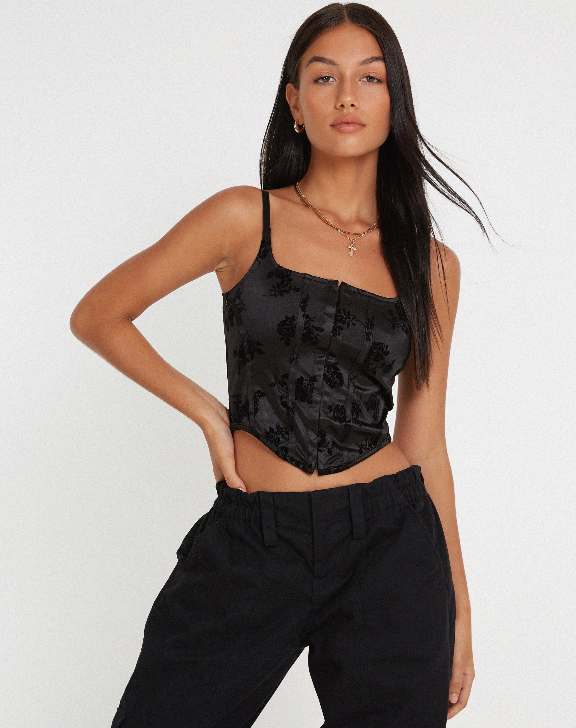 afbeelding van Ello Corset Top in Black Rose Flock