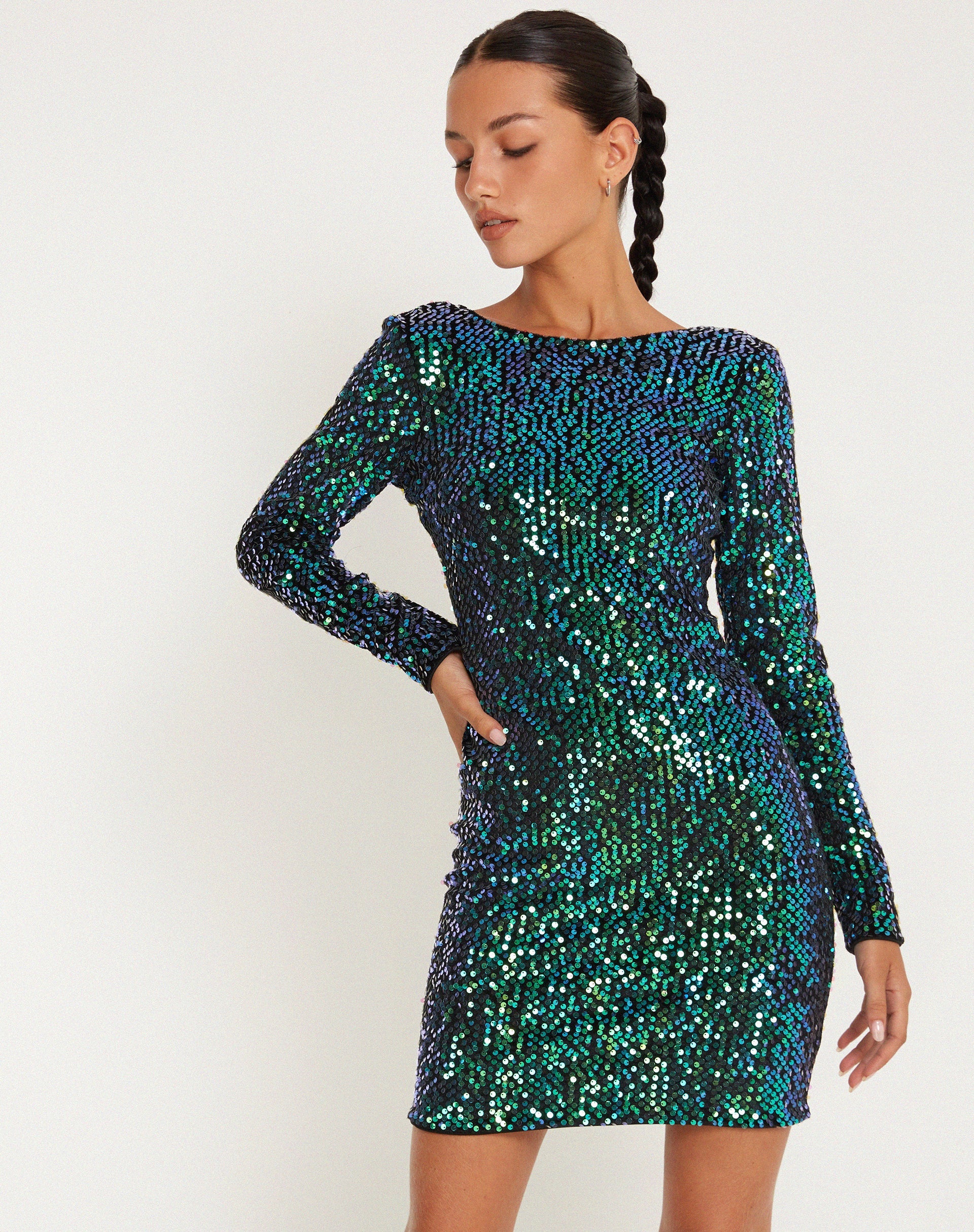Afbeelding van Gabby Mini Dress in Sequin Green Iridescent