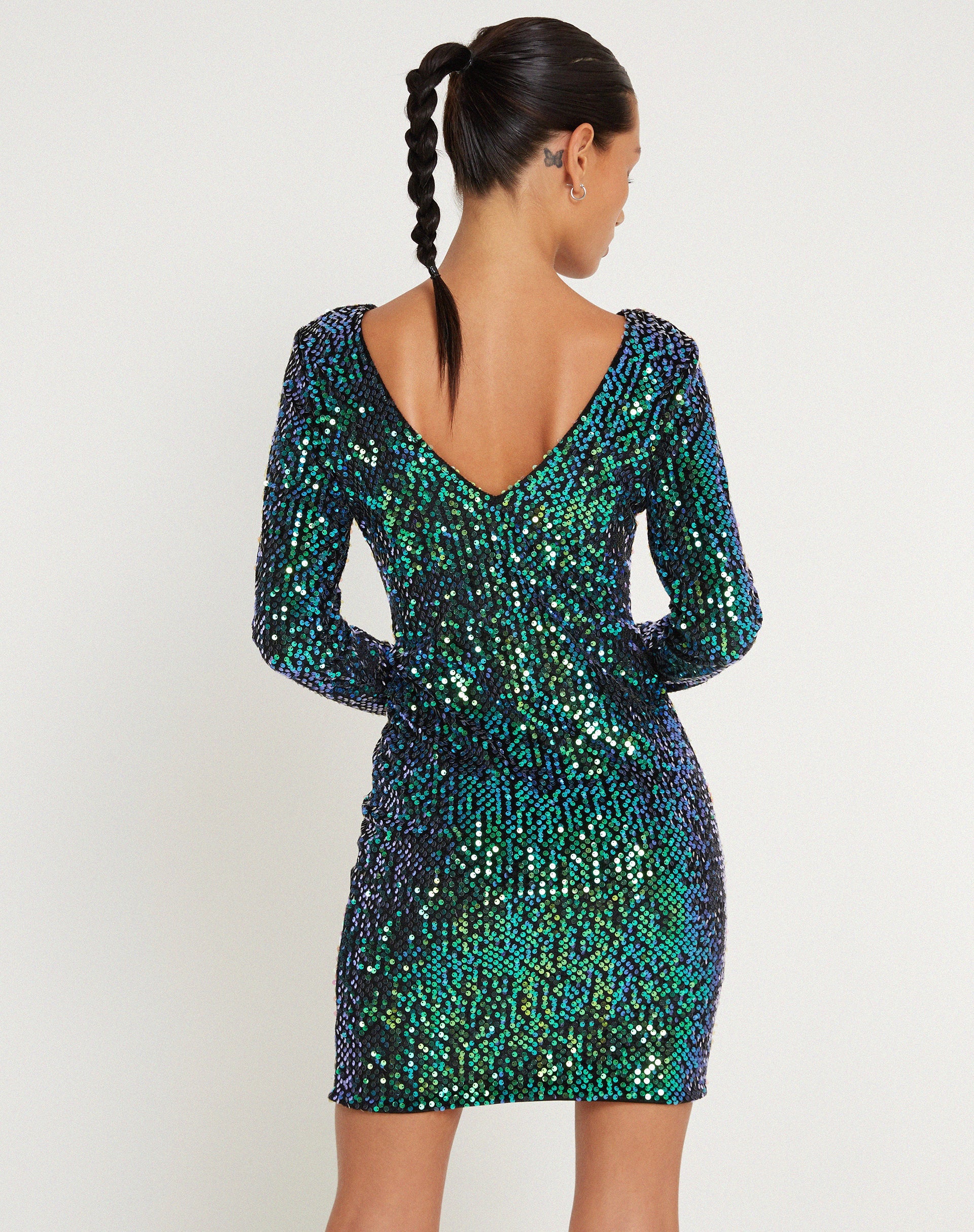 Afbeelding van Gabby Mini Dress in Sequin Green Iridescent