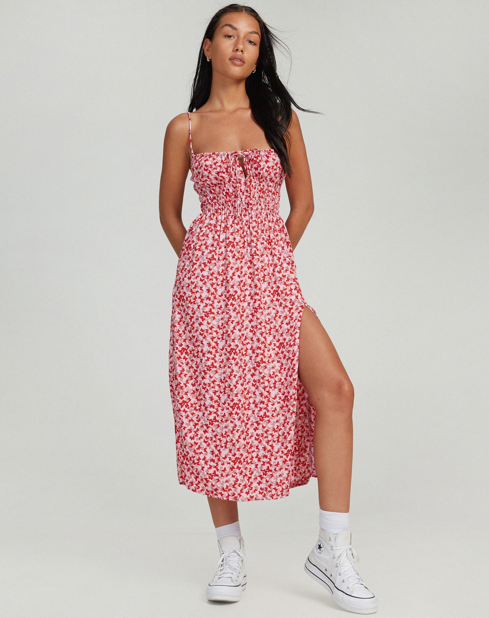 Afbeelding van Jeyro Midi Dress in Ditsy Butterfly Peach en Red