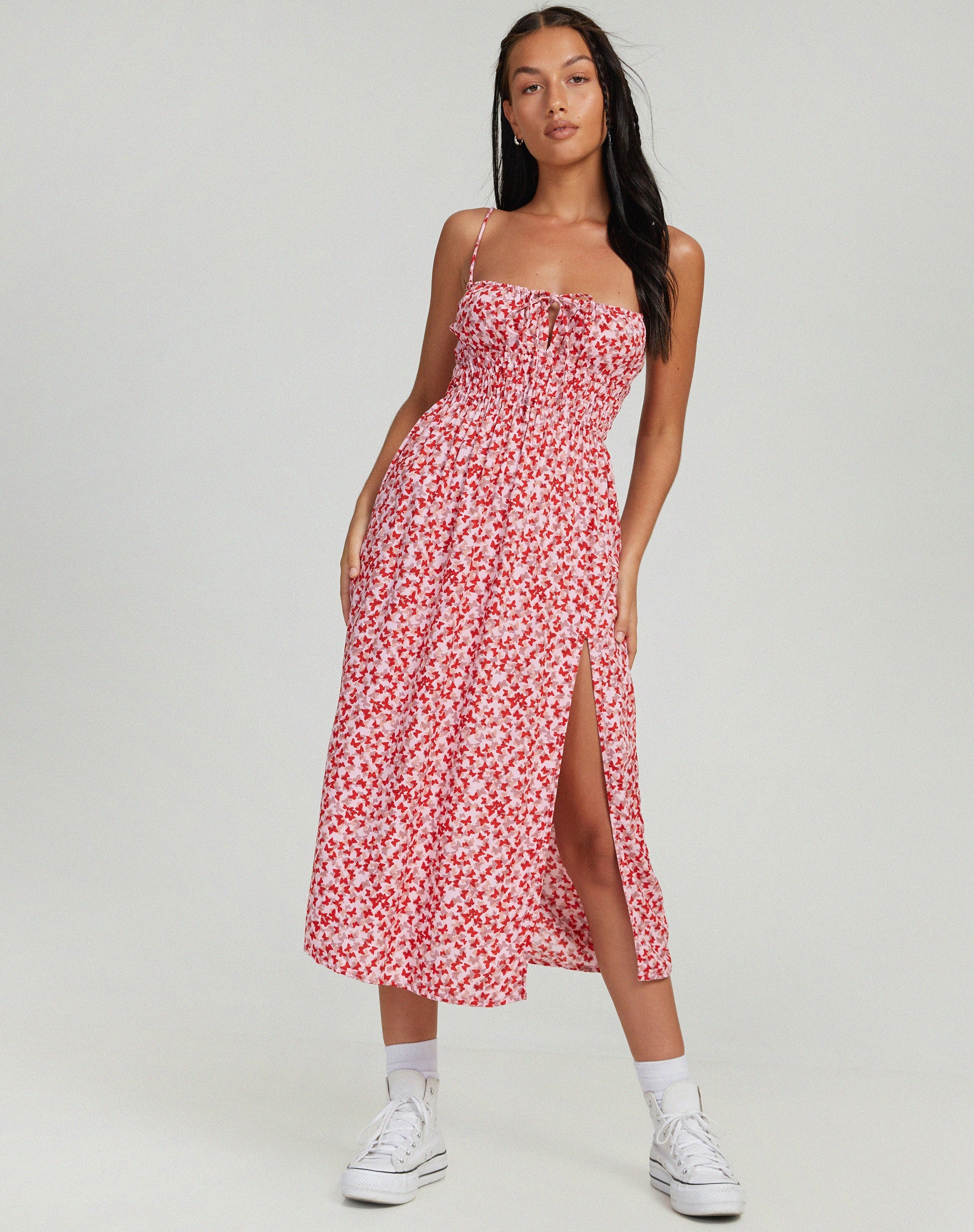 Afbeelding van Jeyro Midi Dress in Ditsy Butterfly Peach en Red