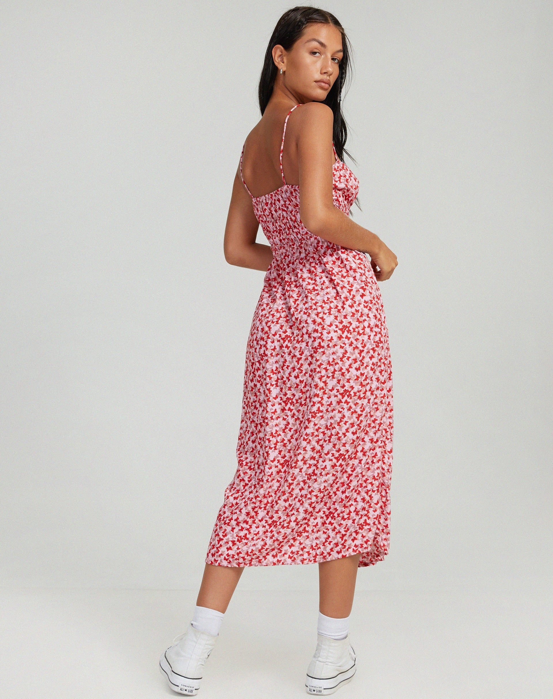 Afbeelding van Jeyro Midi Dress in Ditsy Butterfly Peach en Red