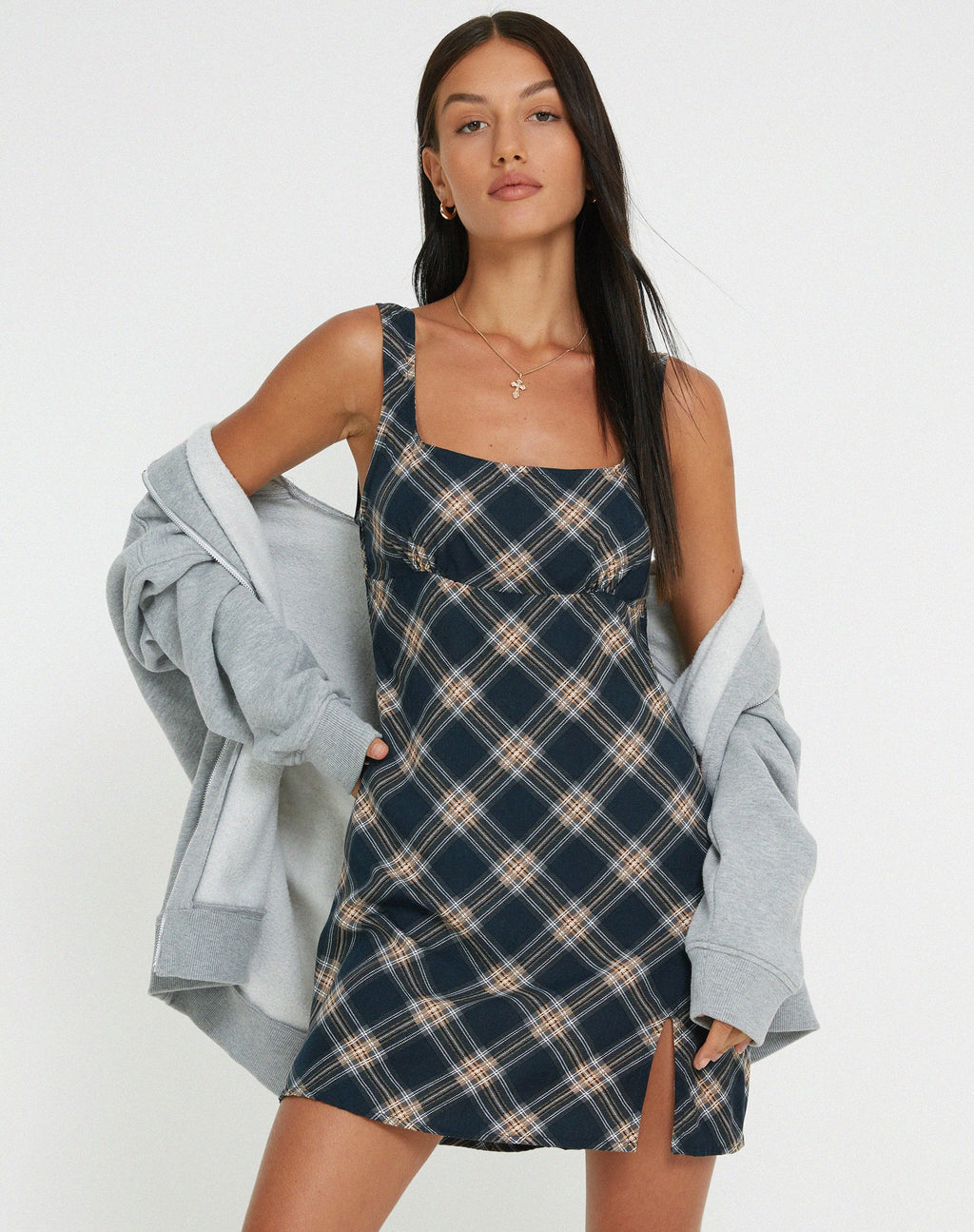 Mehra Slip Dress in 20's Check Zwart en Grijs