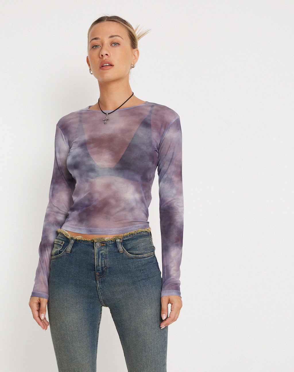 Narita Mesh Crop Top met lange mouwen in smokey kleurverloop paars