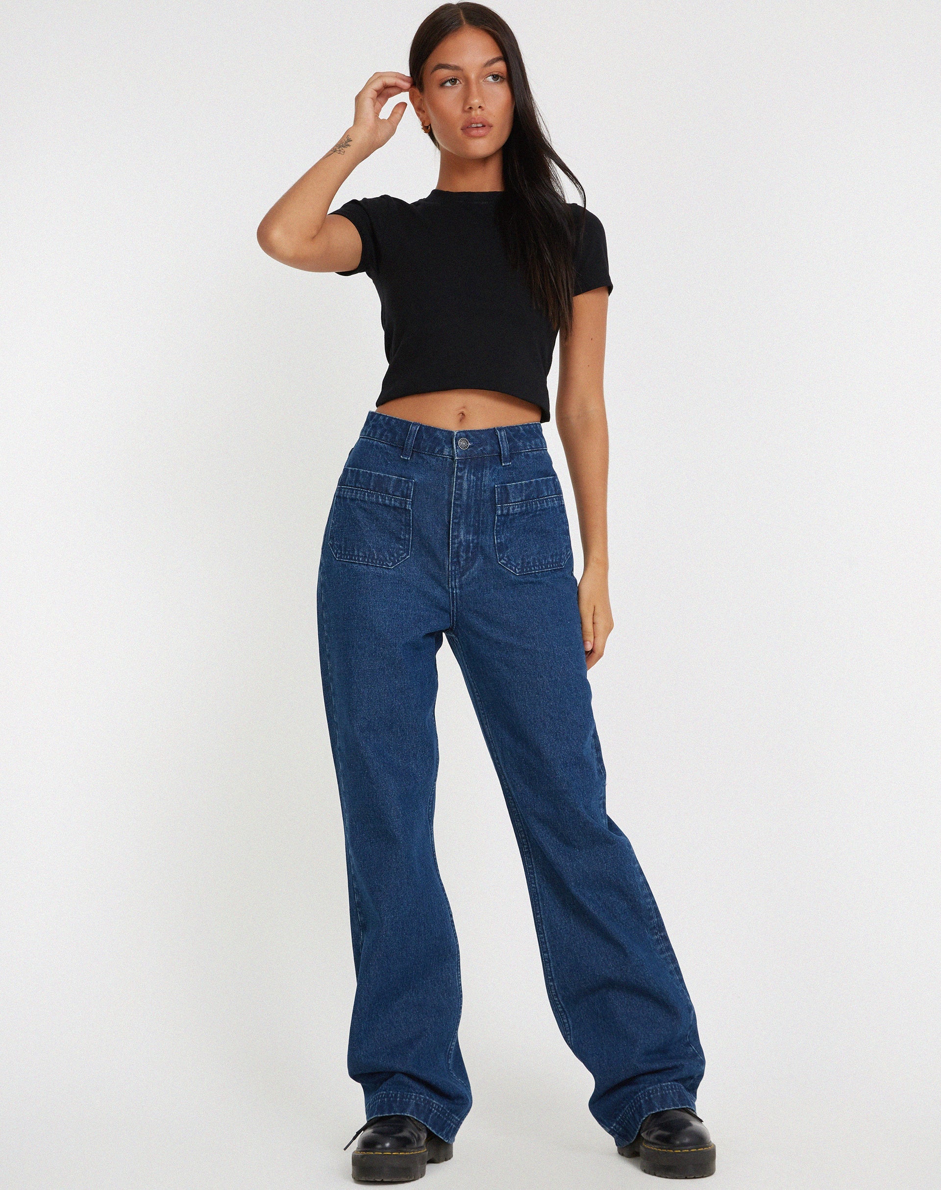 Afbeelding van Retro Pocket Flare Jeans in 90's Indigo
