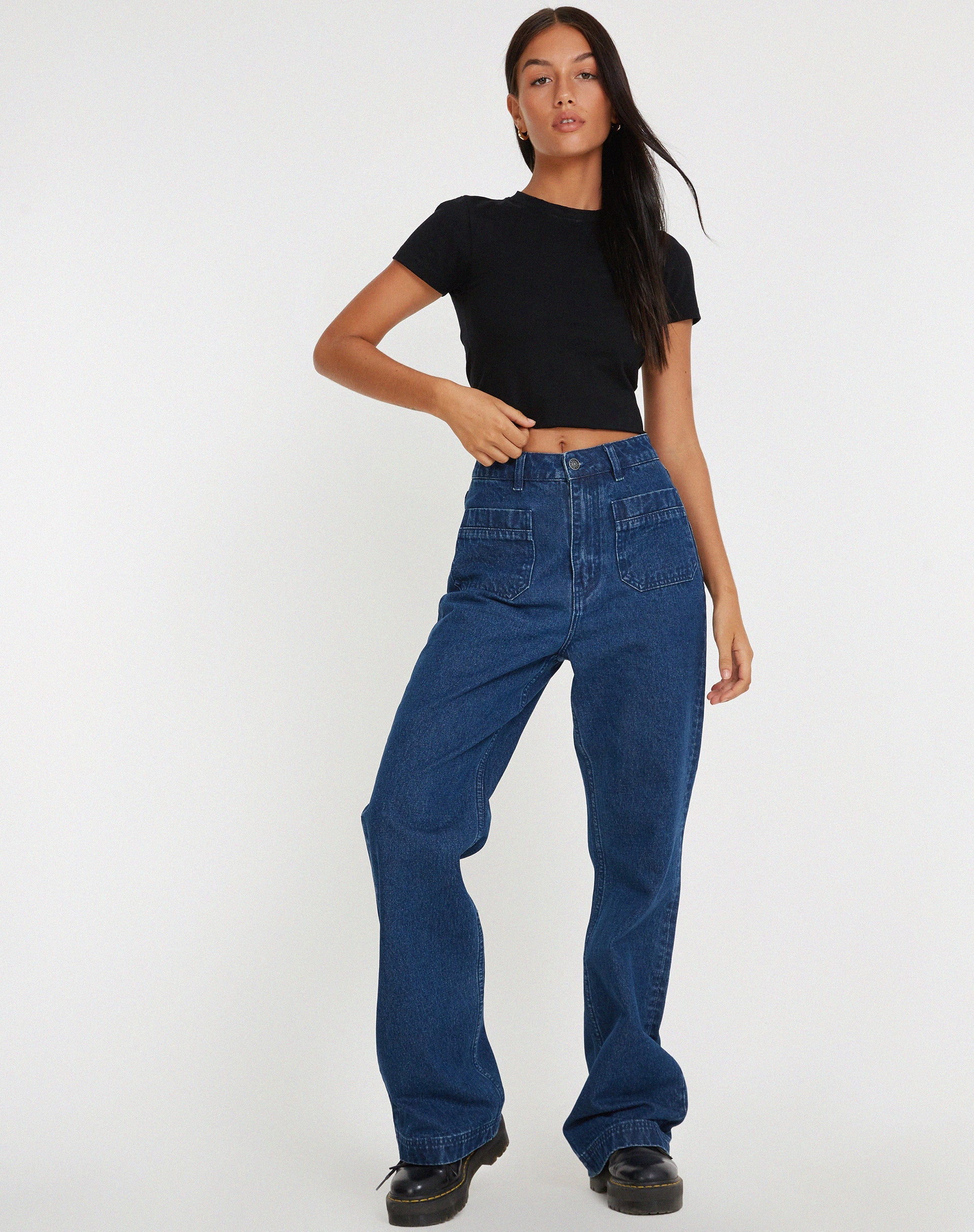 Afbeelding van Retro Pocket Flare Jeans in 90's Indigo