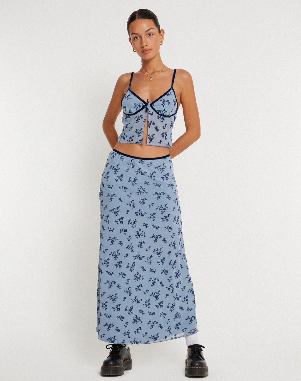 Rinzi Maxi rok in lichtblauw zwart botanische flock
