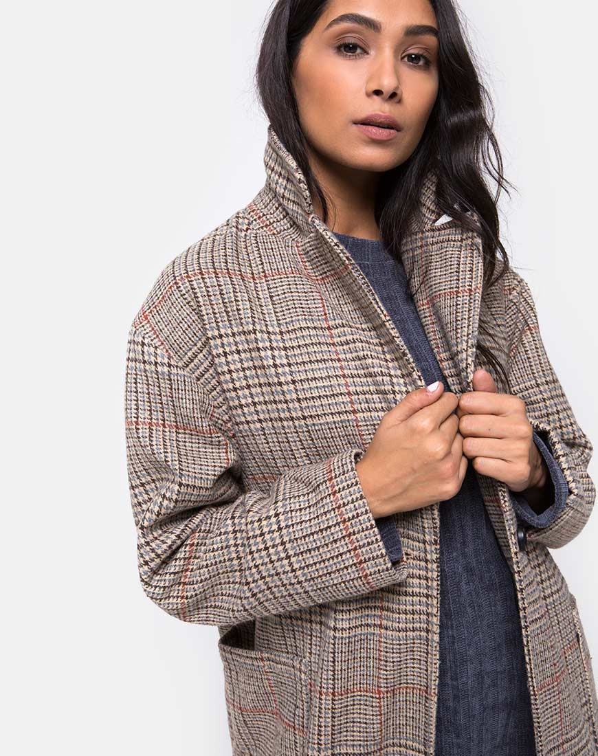 Afbeelding van Duster Longline Coat in Glenn Check Naturel
