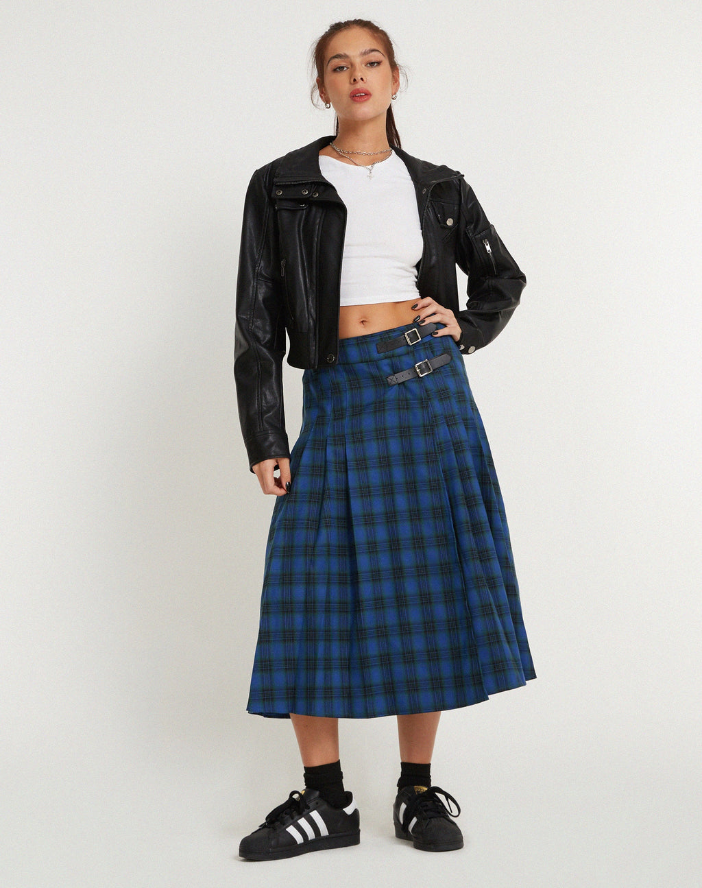 Rigifa Midi rok in Schotse ruit Blauw Grijs