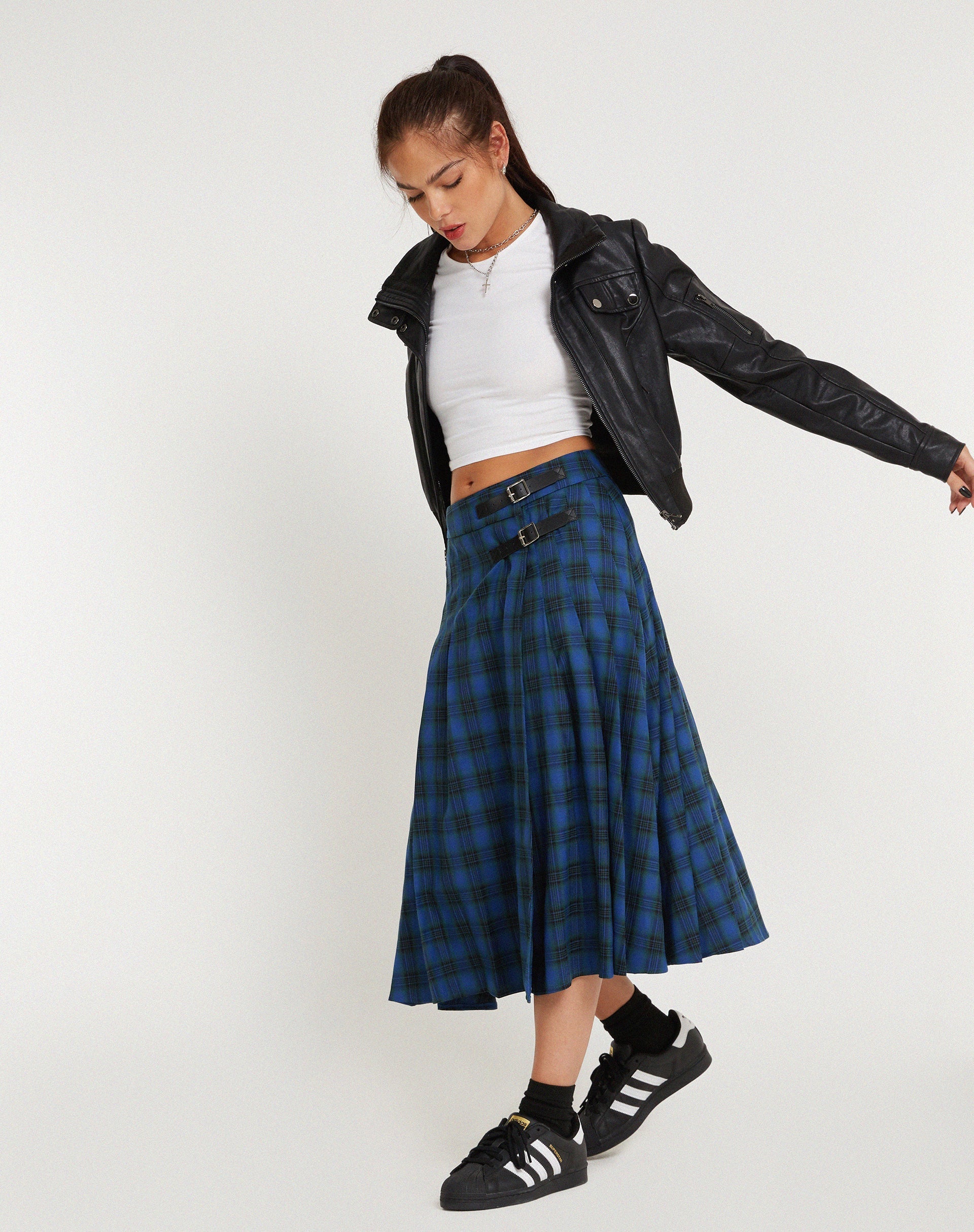 Afbeelding van Rigifa Midi rok in Schotse ruit Blauw Grijs