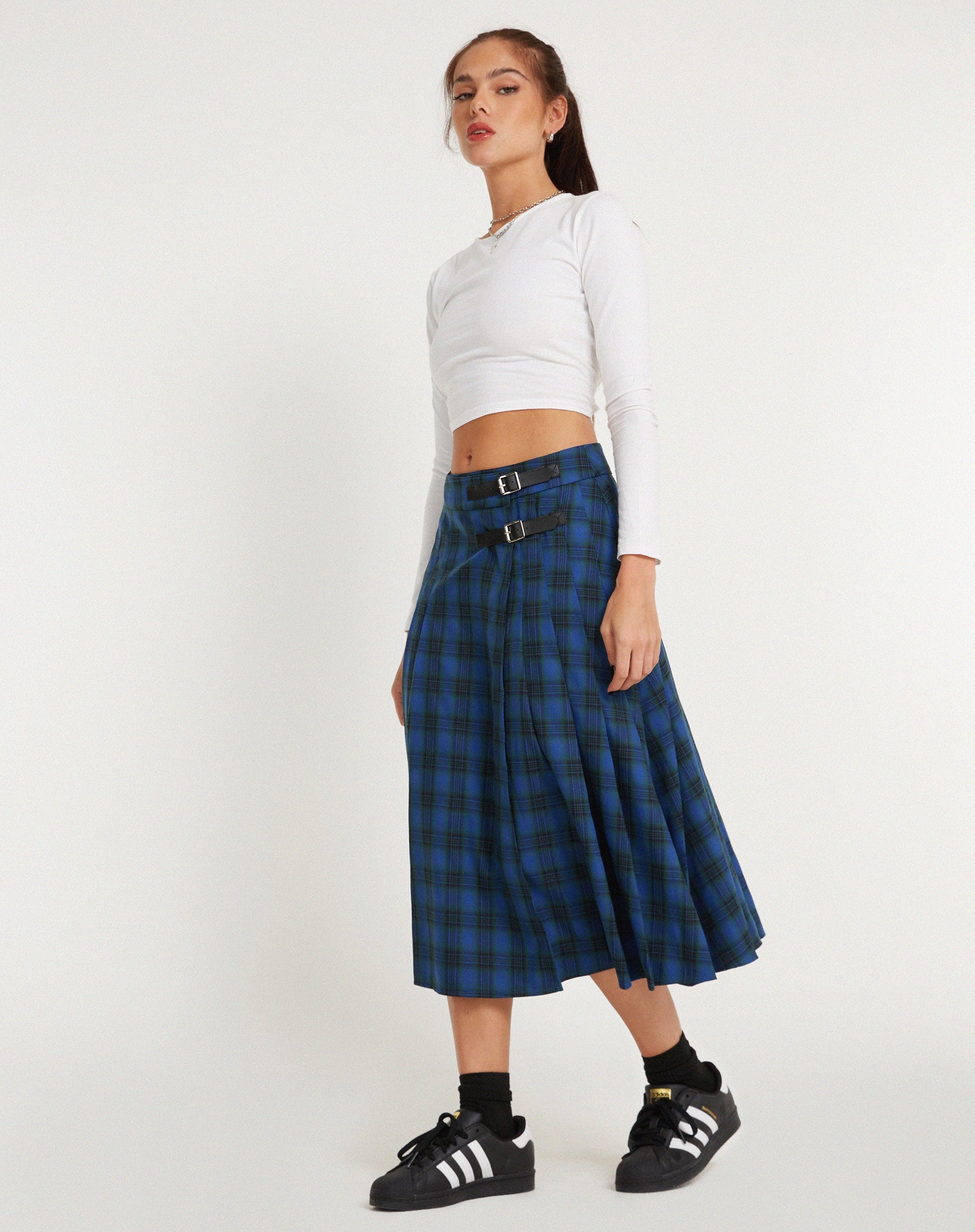 Afbeelding van Rigifa Midi rok in Schotse ruit Blauw Grijs