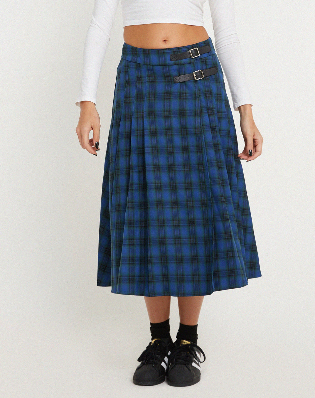 Rigifa Midi rok in Schotse ruit Blauw Grijs