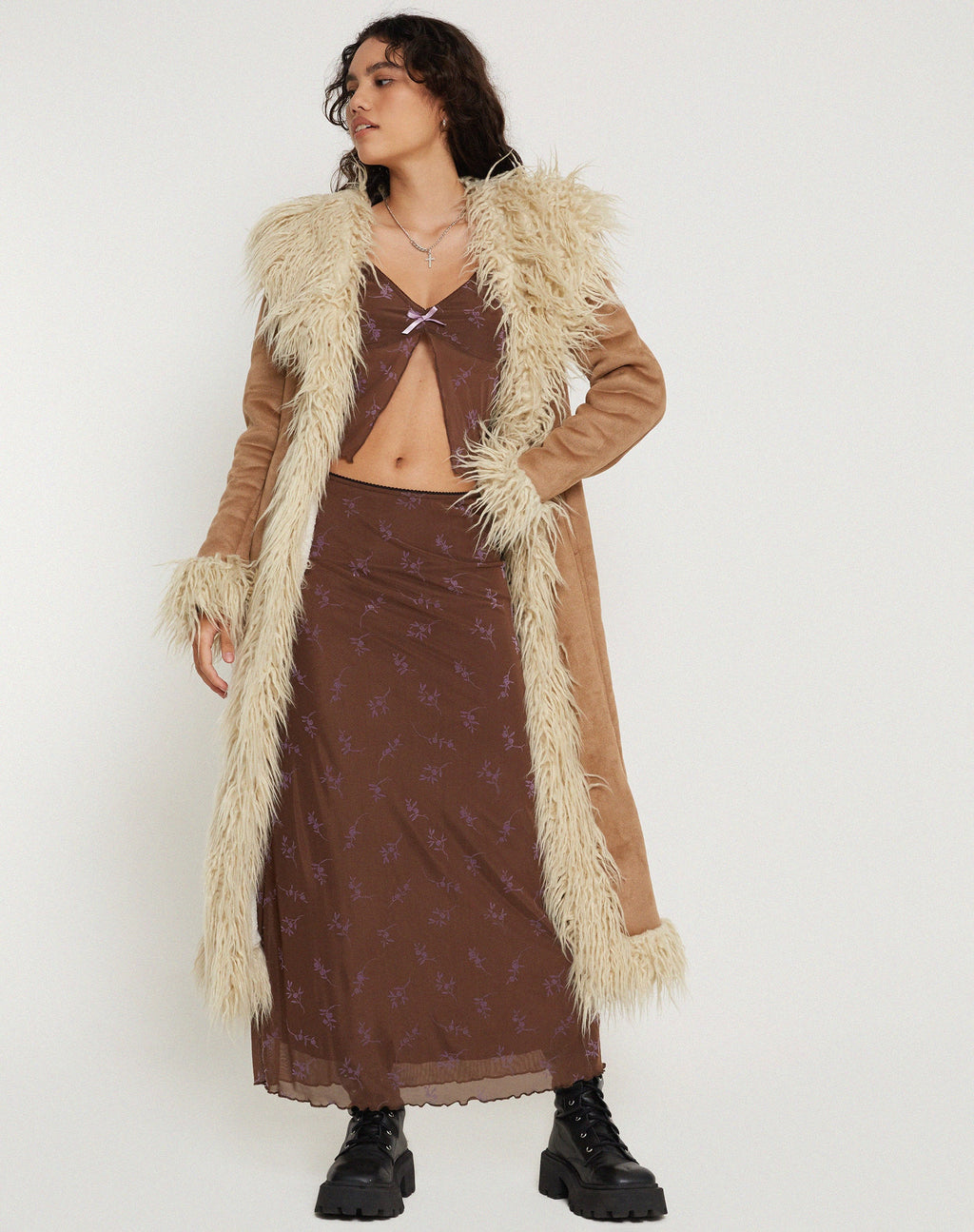 Rindu Maxi Rok in Bloemstelen Flock Bruin