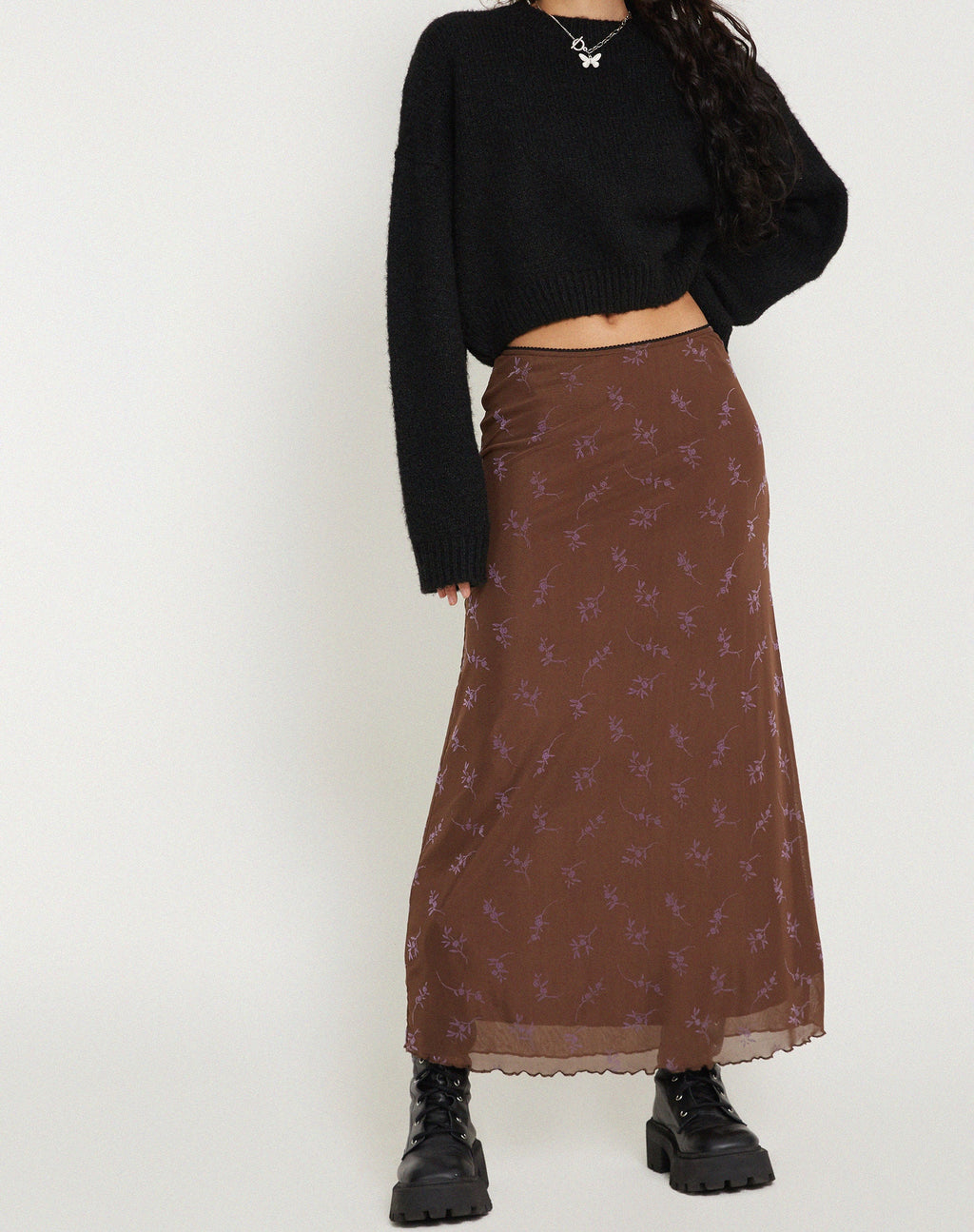 Rindu Maxi Rok in Bloemstelen Flock Bruin