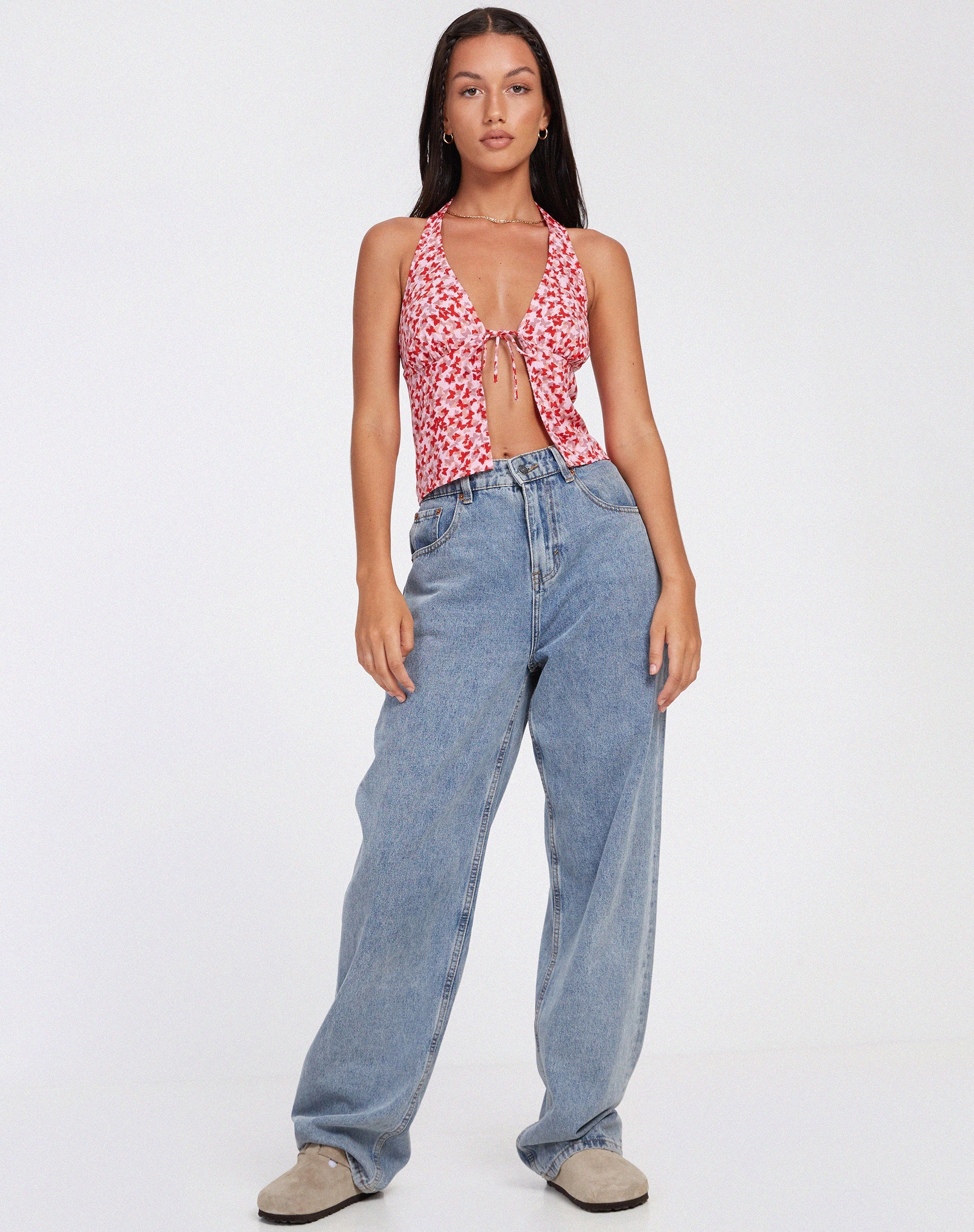 Afbeelding van Roula Halter Top in Ditsy Butterfly Peach Red
