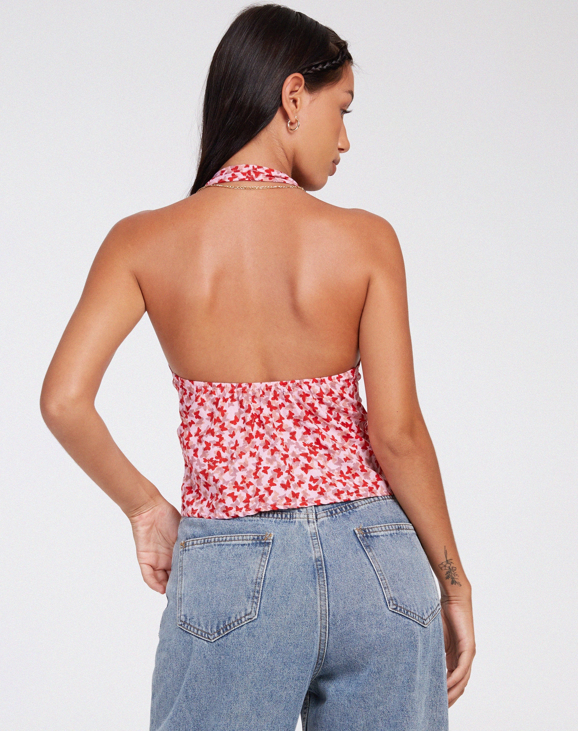 Afbeelding van Roula Halter Top in Ditsy Butterfly Peach Red