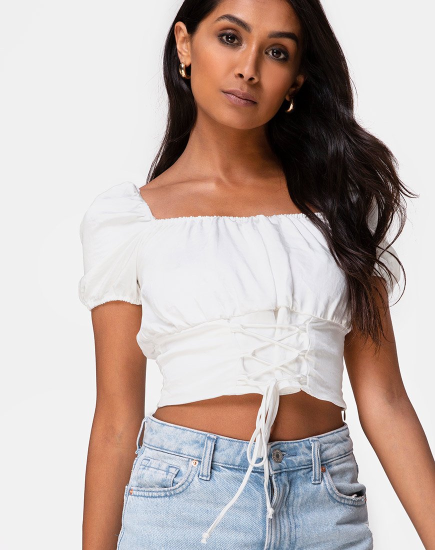 Ruiz Off The Shoulder Top in Satijn Ivoor