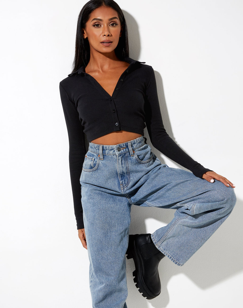 Ryals Lange Mouw Top in Rib Zwart