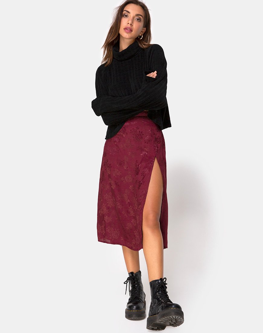 Saika Midi rok in satijn Rose Bourgondië