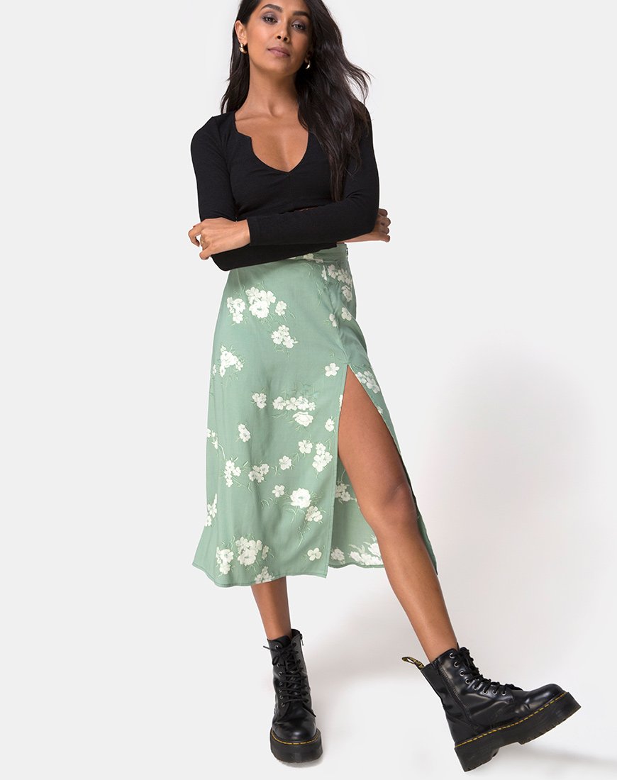 Saika Midi rok in monobloem groen