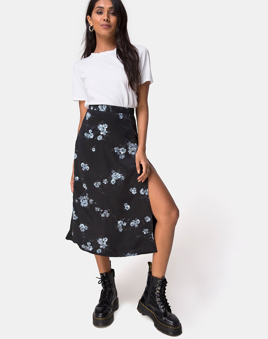 Saika Midi rok in monobloem zwart