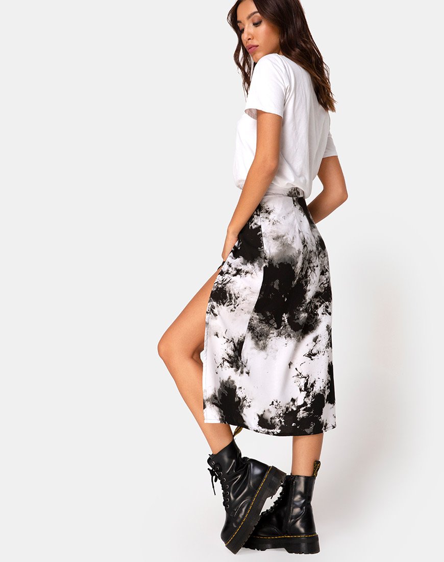 Afbeelding van Saika Midi rok in zwart-wit mono Tie Dye