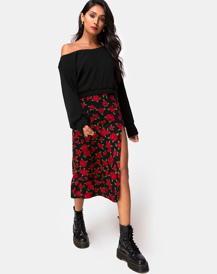 Saika Midi rok in Roaming Rose Zwart
