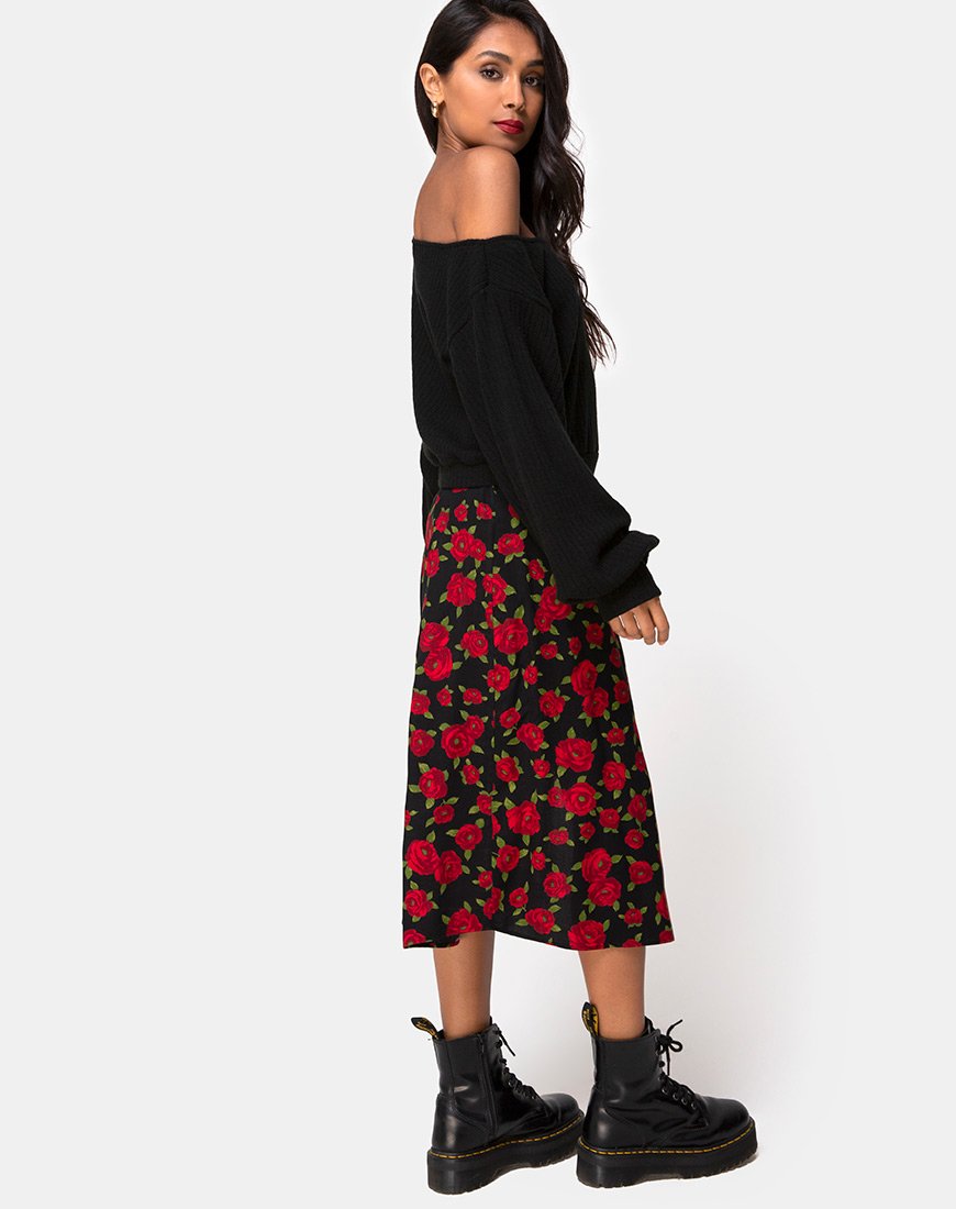 Afbeelding van Saika Midi rok in Roaming Rose Zwart
