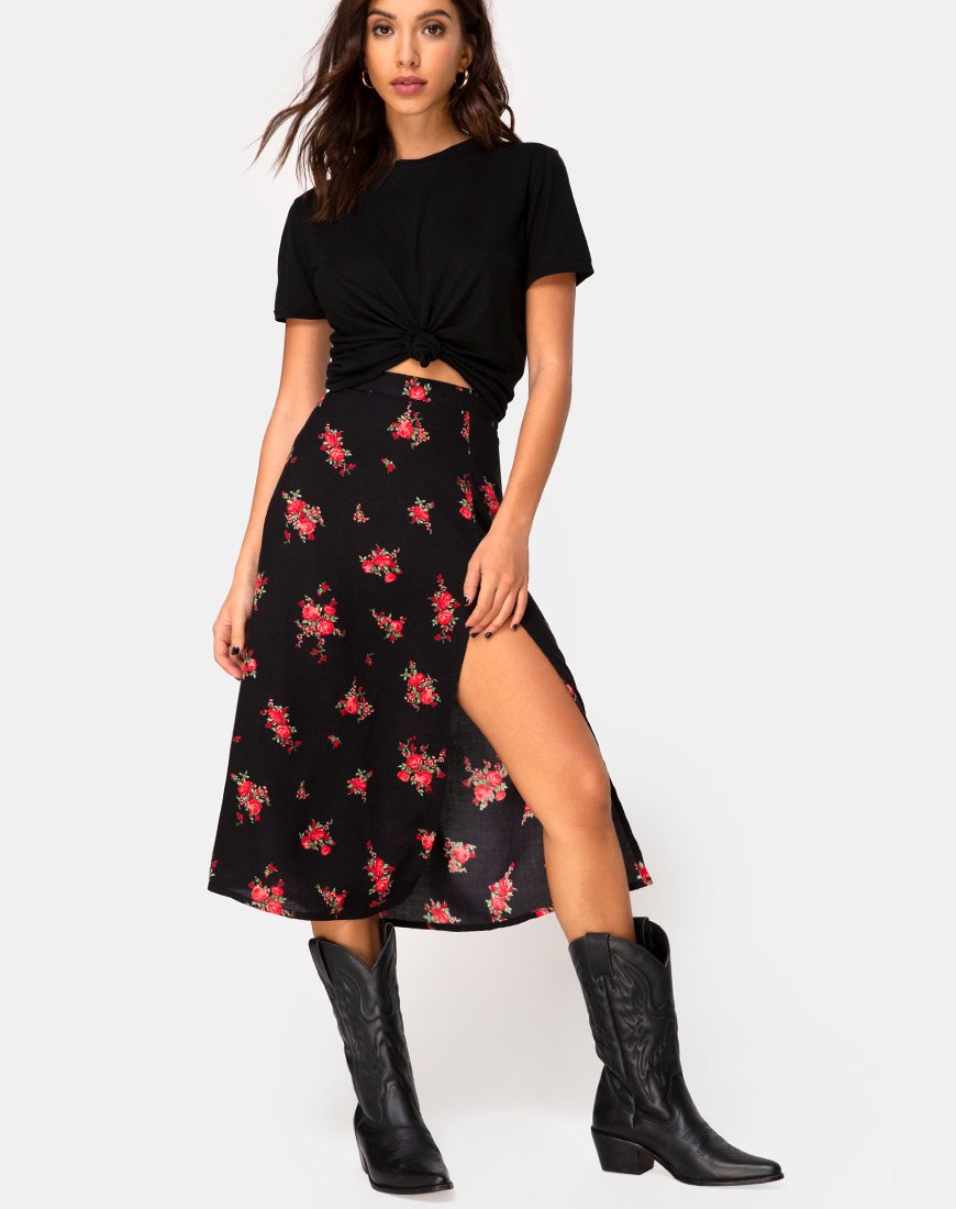 Saika Midi rok in Soi Rose zwart en rood