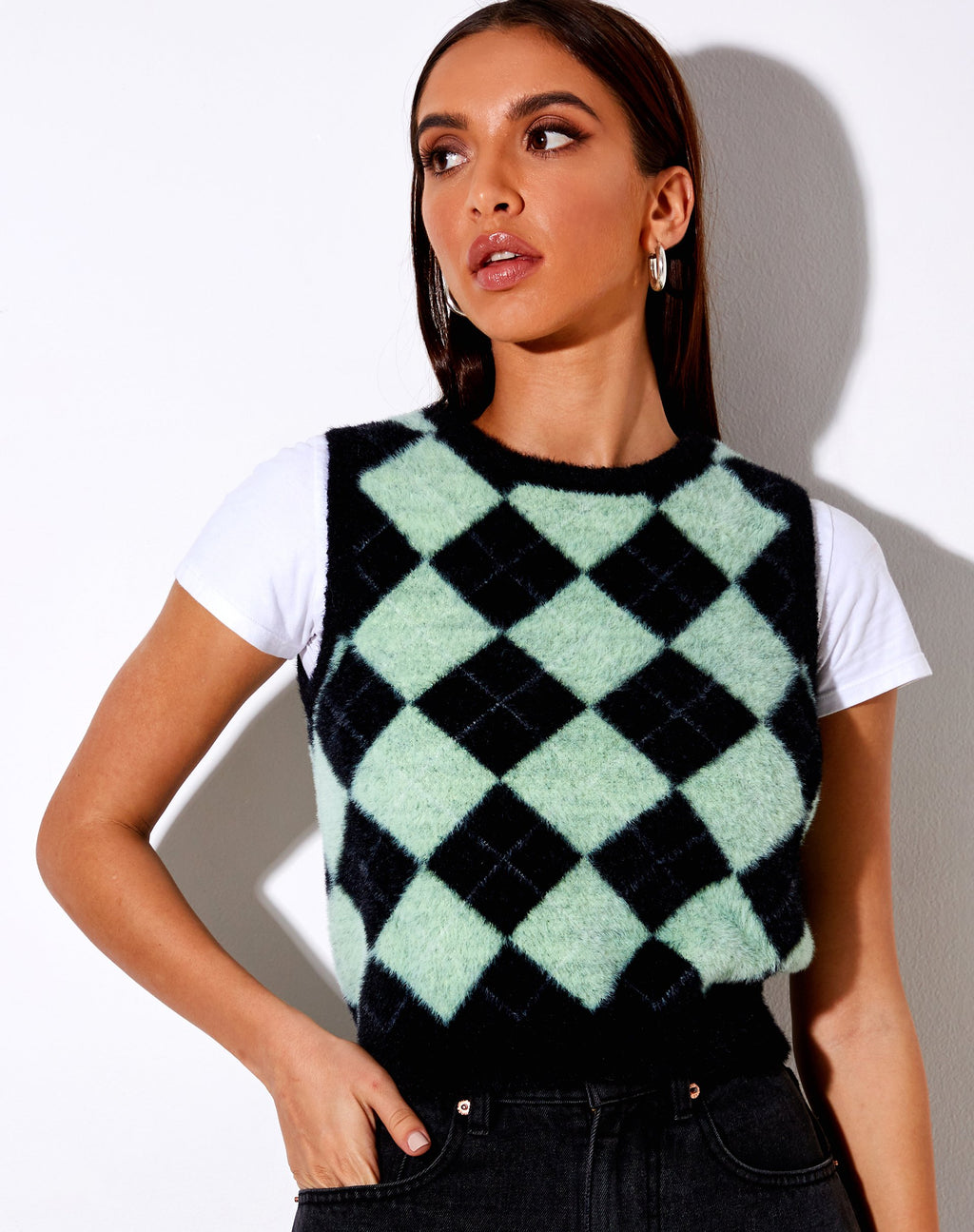 Saki tanktop in gebreide ruit zwart en groen