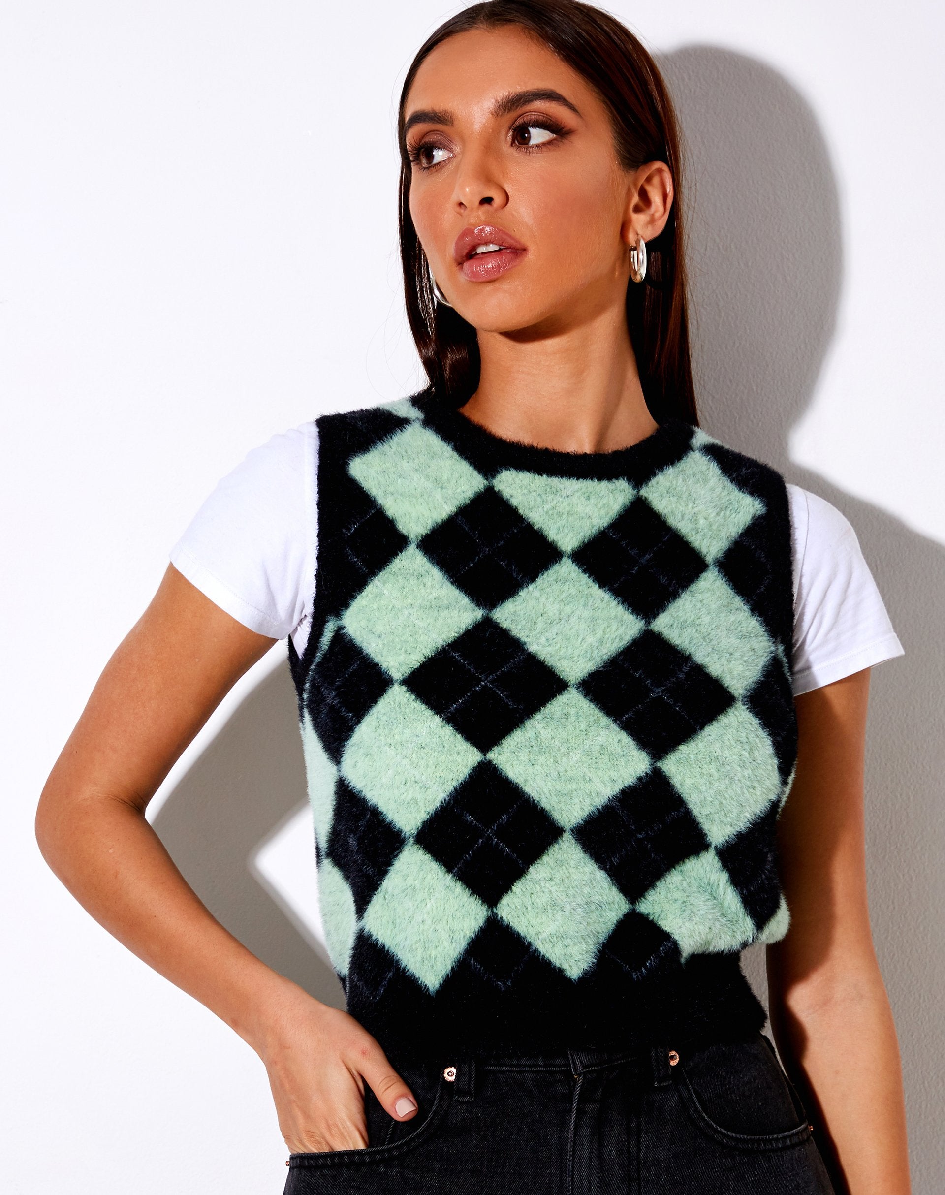 Afbeelding van Saki tanktop in gebreide ruit zwart en groen