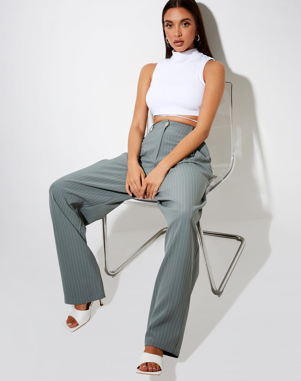Sakila broek in krijtstreep salie