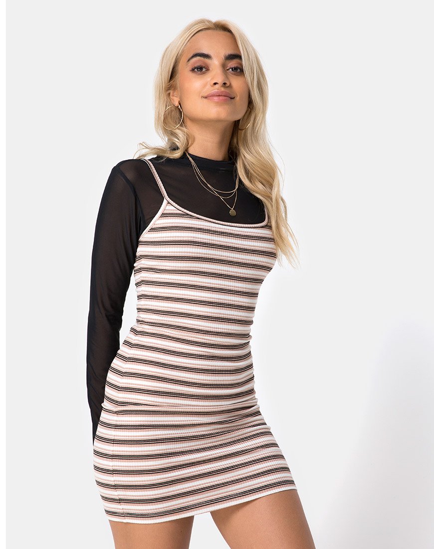 Saleh Bodycon Jurk in Ribstreep Crème Zwart en Tan