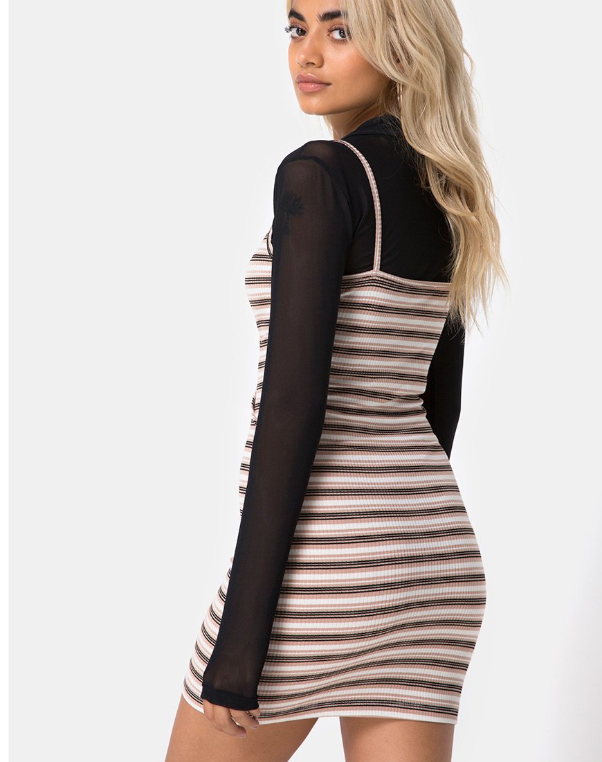 Saleh Bodycon Jurk in Ribstreep Crème Zwart en Tan