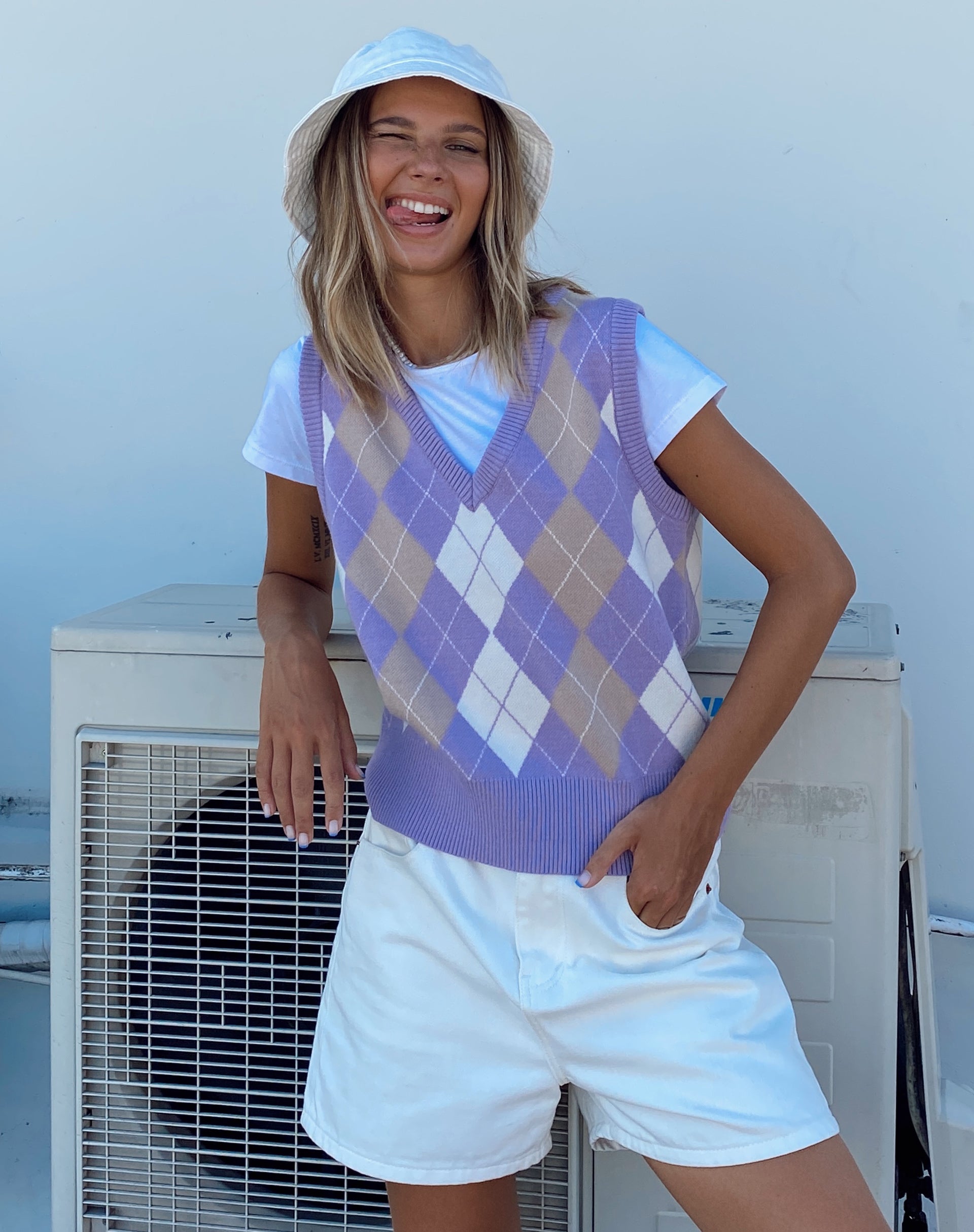 Afbeelding van Sami Vest in Argyle Lila Crème Tan