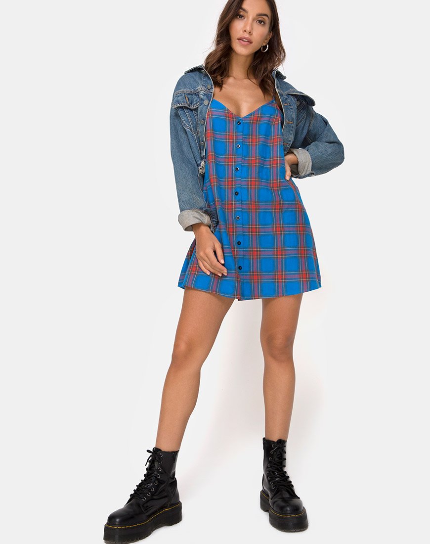 Afbeelding van Sanna Slip Dress in Blauw en Rood Ruitje