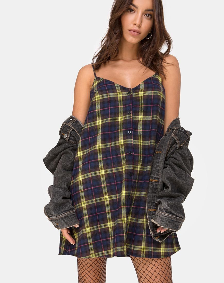 Afbeelding van Sanna Slip Dress in Ruit Bruin Geel