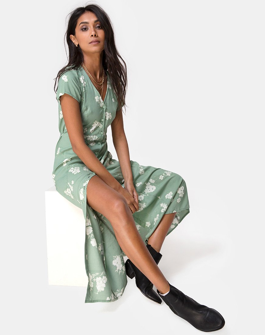 Afbeelding van Sanrin Maxi Dress in Mono Flower Green