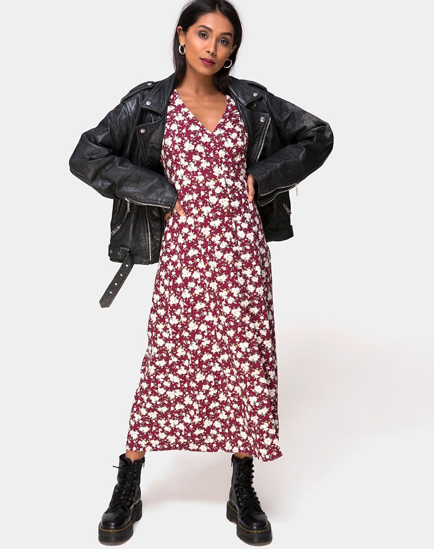 Afbeelding van Sanrin Midi Dress in Wild Fleur Maroon