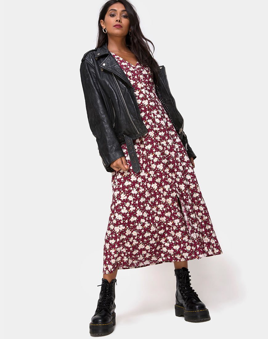 Afbeelding van Sanrin Midi Dress in Wild Fleur Maroon