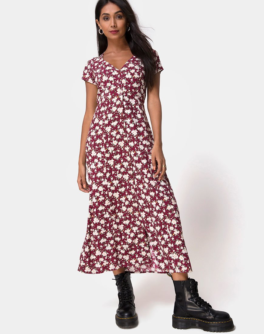 Afbeelding van Sanrin Midi Dress in Wild Fleur Maroon